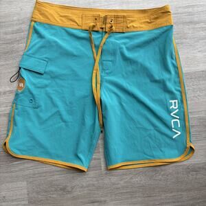RVCA Men's Board Shorts 34 Teal Yellow Performance Stretch Swim Trunks